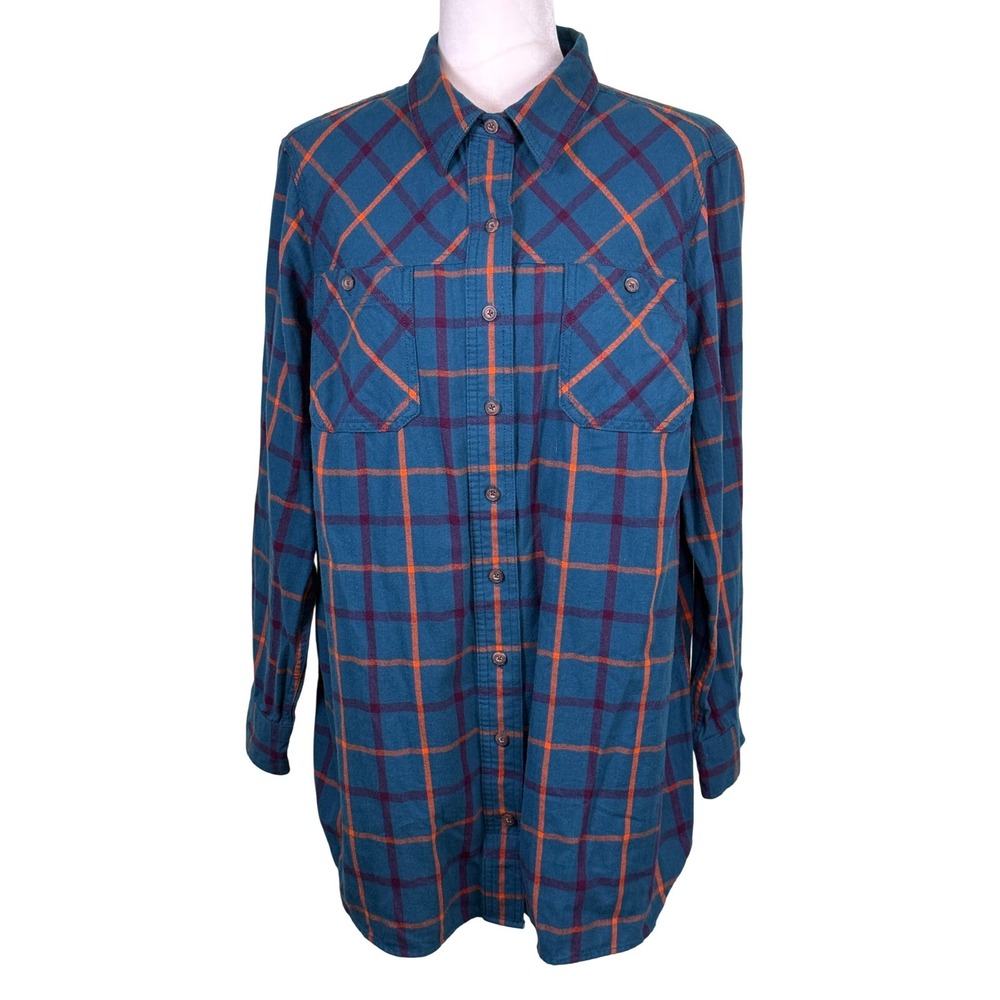Duluth Trading Co Womens 1X Flannel Shirt Teal Blue Orange Plaid Cotton